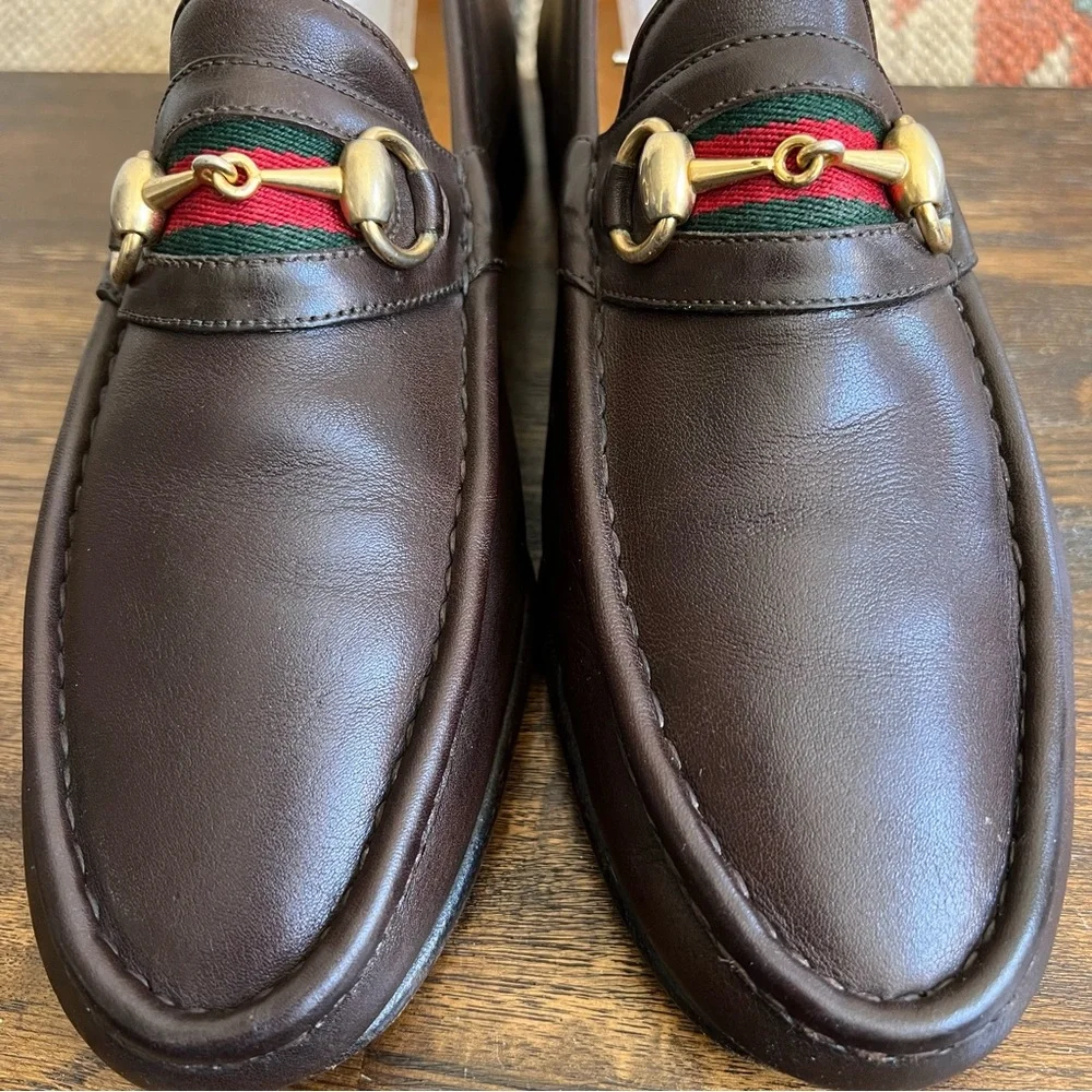 GUCCI Brow Leather Web Detail Horsebit Loafers EU41.5 US8